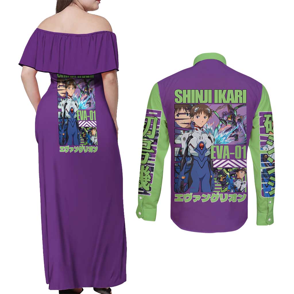 Shinji Ikari x Eva 01 Neon Genesis Evangelion Couples Matching Off Shoulder Maxi Dress and Long Sleeve Button Shirt Anime Style
