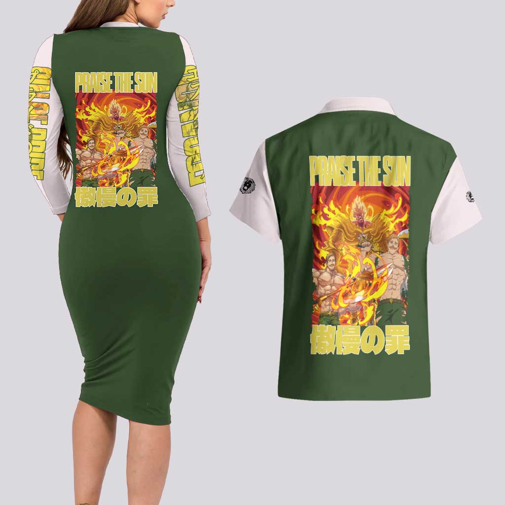 Escanor Seven Deadly Sins Couples Matching Long Sleeve Bodycon Dress and Hawaiian Shirt Anime Style