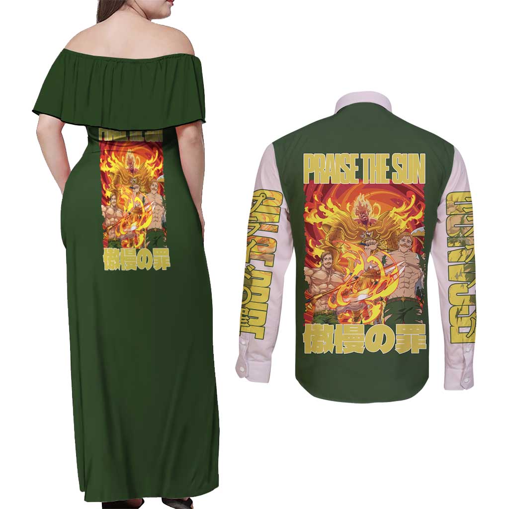 Escanor Seven Deadly Sins Couples Matching Off Shoulder Maxi Dress and Long Sleeve Button Shirt Anime Style