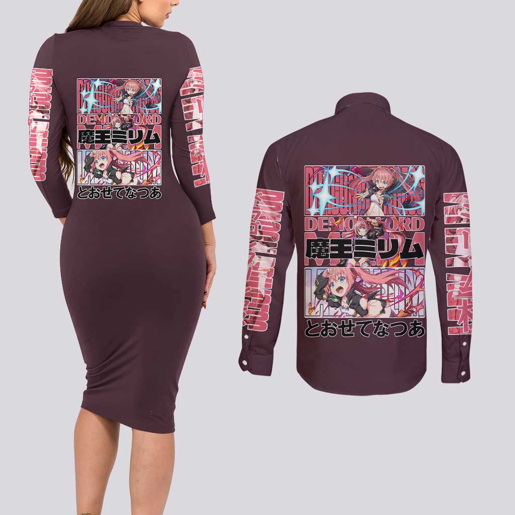 Milim Nava That Time I Got Reincarnated as a Slime Couples Matching Long Sleeve Bodycon Dress and Long Sleeve Button Shirt Anime Style