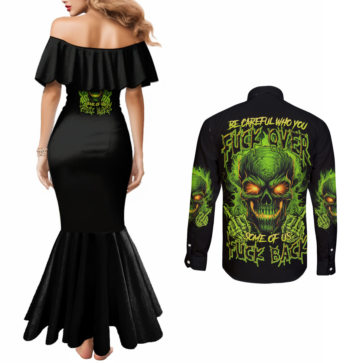 i-cant-go-to-hell-reaper-skull-couples-matching-mermaid-dress-and-long-sleeve-button-shirt