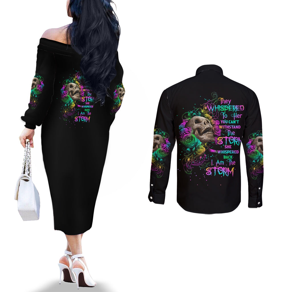 i-am-the-storm-tie-dye-rose-skull-couples-matching-off-the-shoulder-long-sleeve-dress-and-long-sleeve-button-shirt