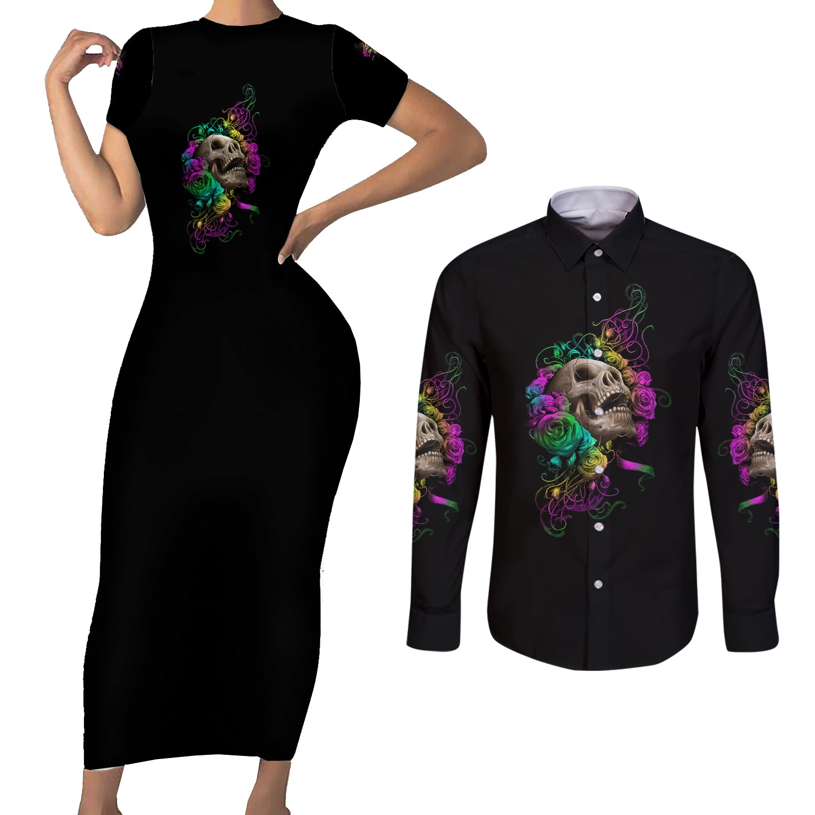 i-am-the-storm-tie-dye-rose-skull-couples-matching-short-sleeve-bodycon-dress-and-long-sleeve-button-shirt