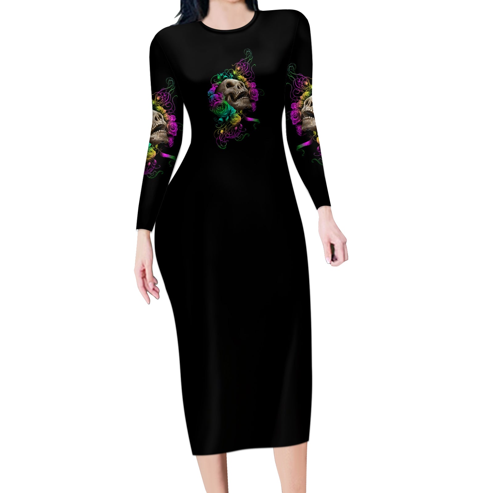 i-am-the-storm-tie-dye-rose-skull-long-sleeve-bodycon-dress
