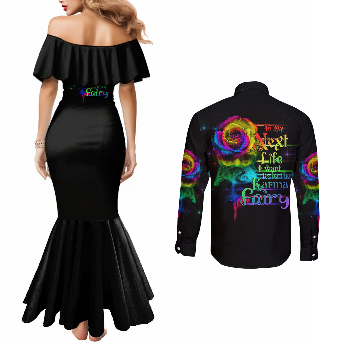 karma-fairy-rose-smoke-skull-couples-matching-mermaid-dress-and-long-sleeve-button-shirt