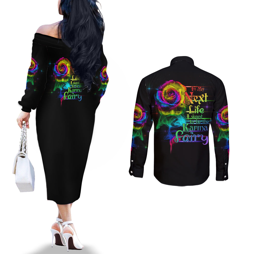 karma-fairy-rose-smoke-skull-couples-matching-off-the-shoulder-long-sleeve-dress-and-long-sleeve-button-shirt