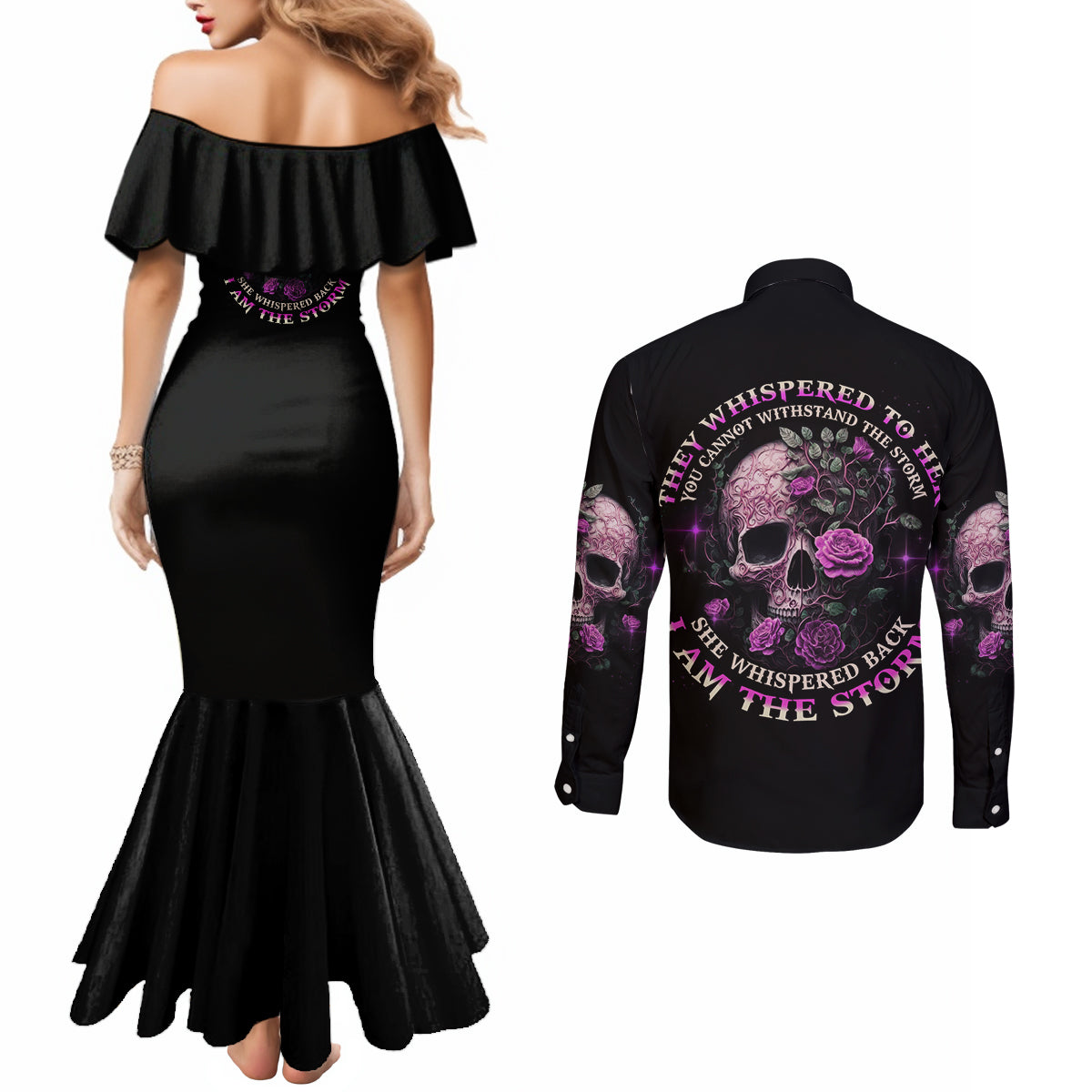 i-am-the-storm-rose-couples-matching-mermaid-dress-and-long-sleeve-button-shirt