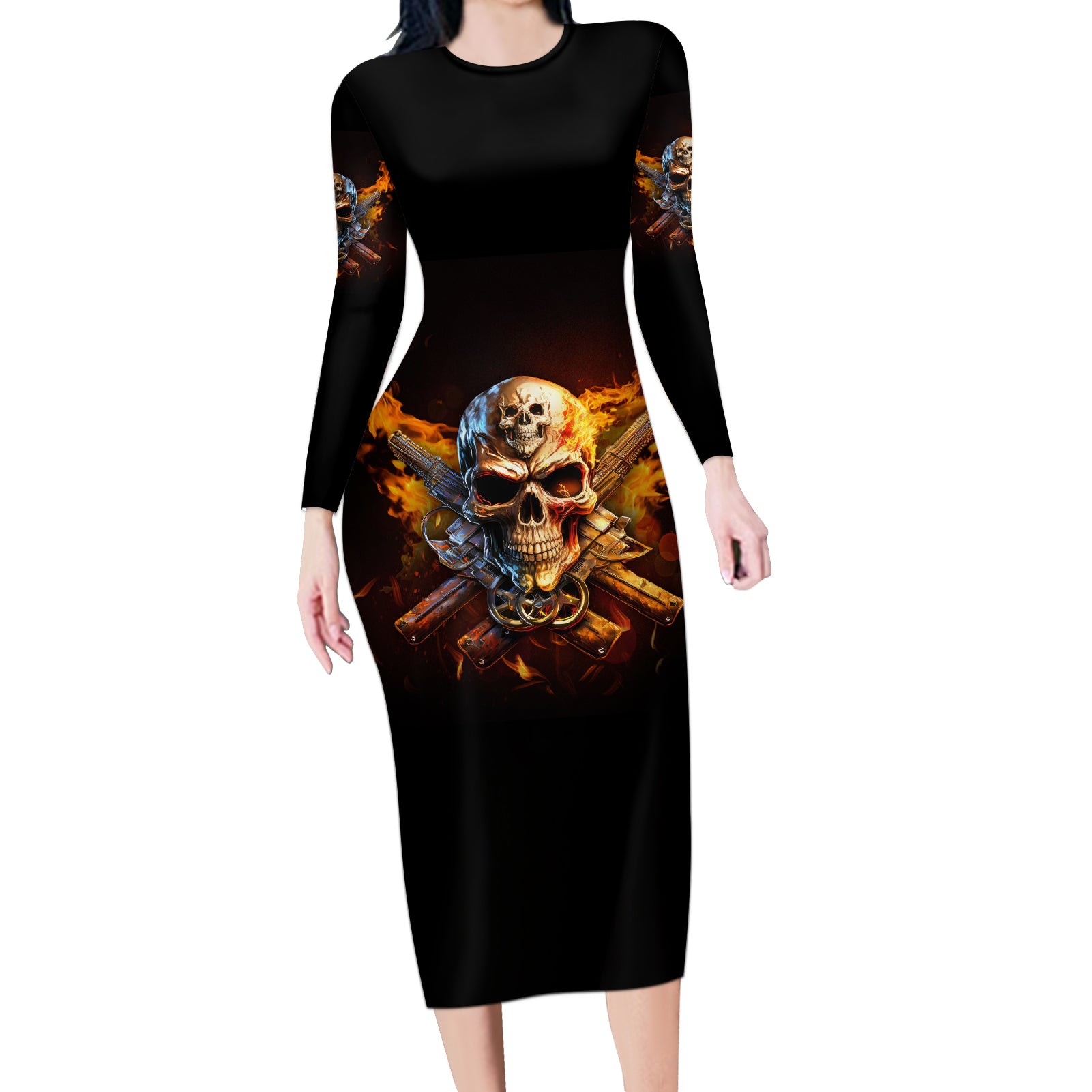 your-first-mistake-fire-skull-long-sleeve-bodycon-dress