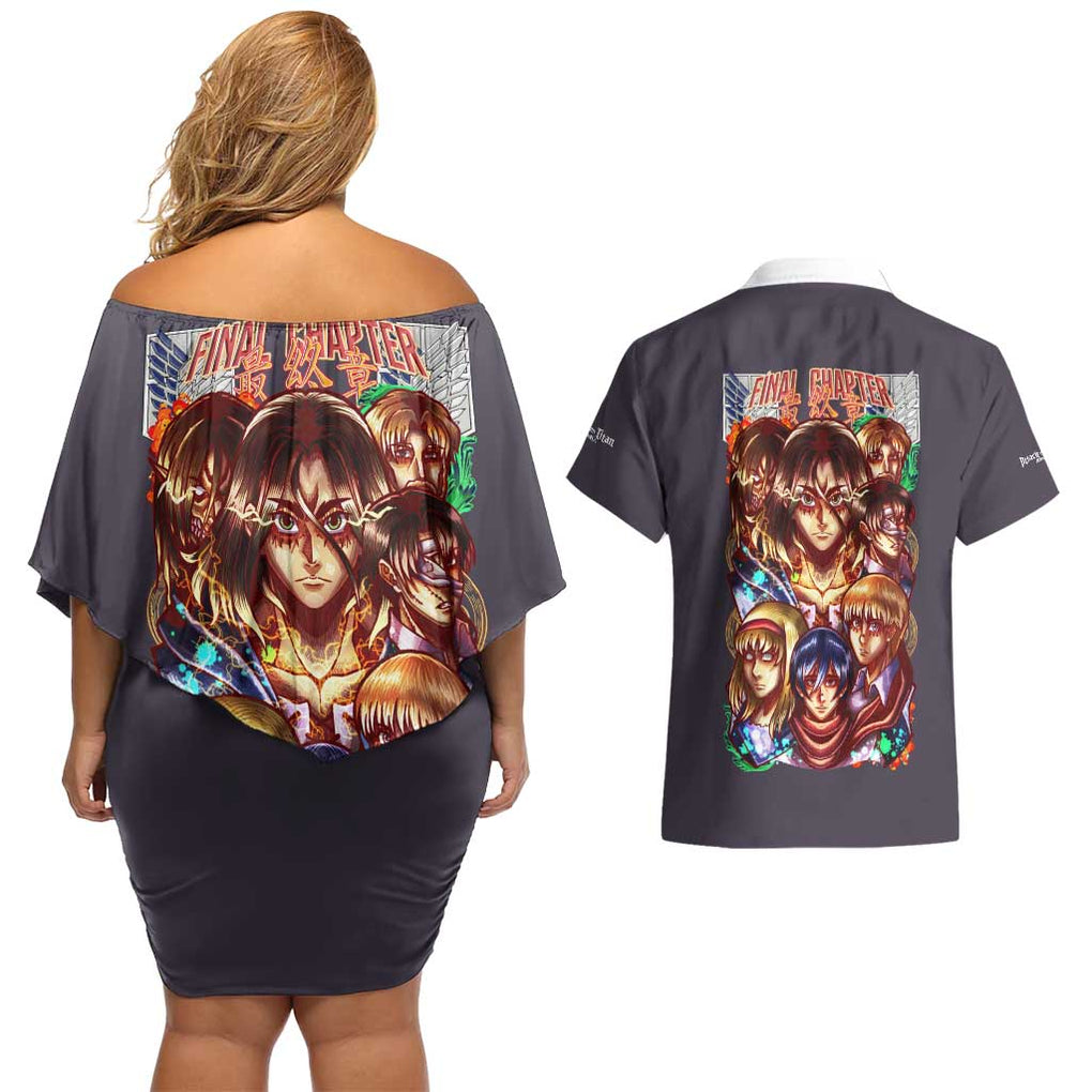 Final Chapter Attack on Titan Couples Matching Off Shoulder Short Dress and Hawaiian Shirt Japan Anime Style