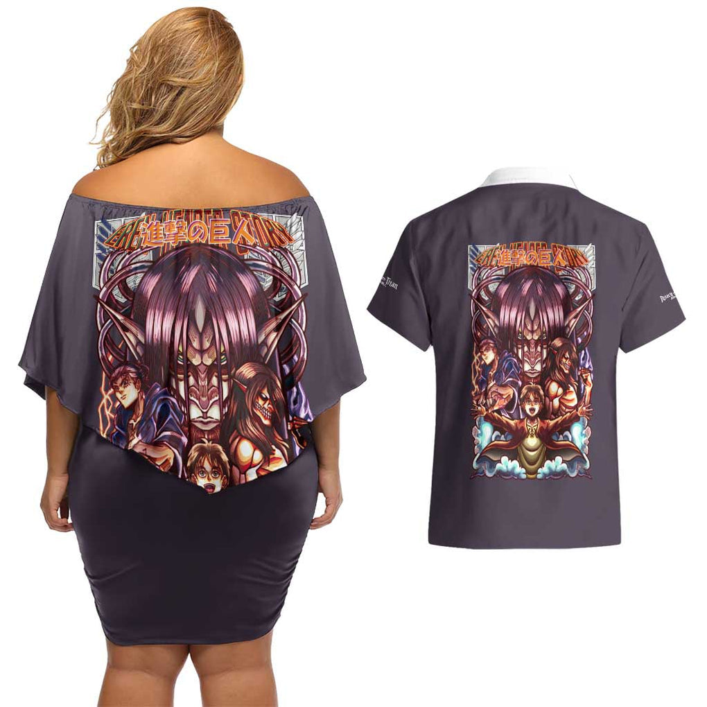 Eren Yeager Story Attack on Titan Couples Matching Off Shoulder Short Dress and Hawaiian Shirt Japan Anime Style