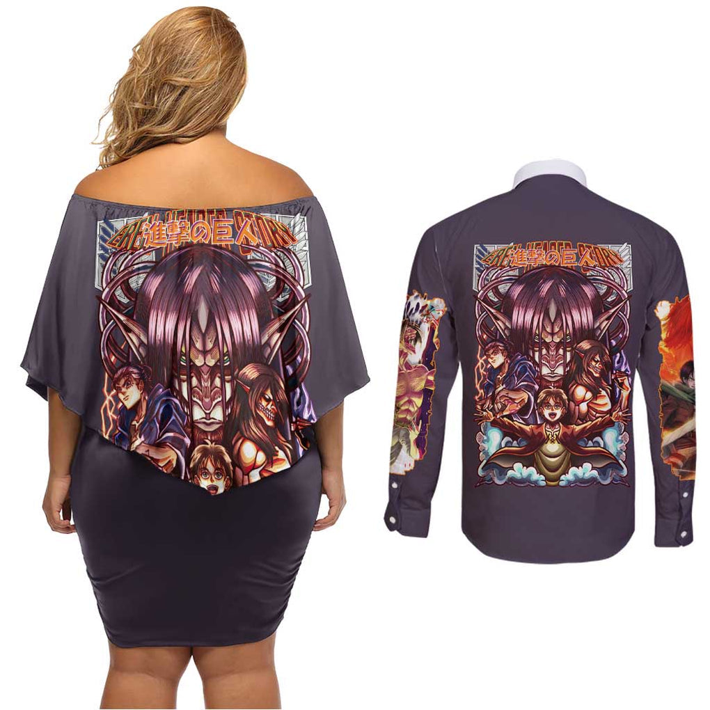 Eren Yeager Story Attack on Titan Couples Matching Off Shoulder Short Dress and Long Sleeve Button Shirt Japan Anime Style