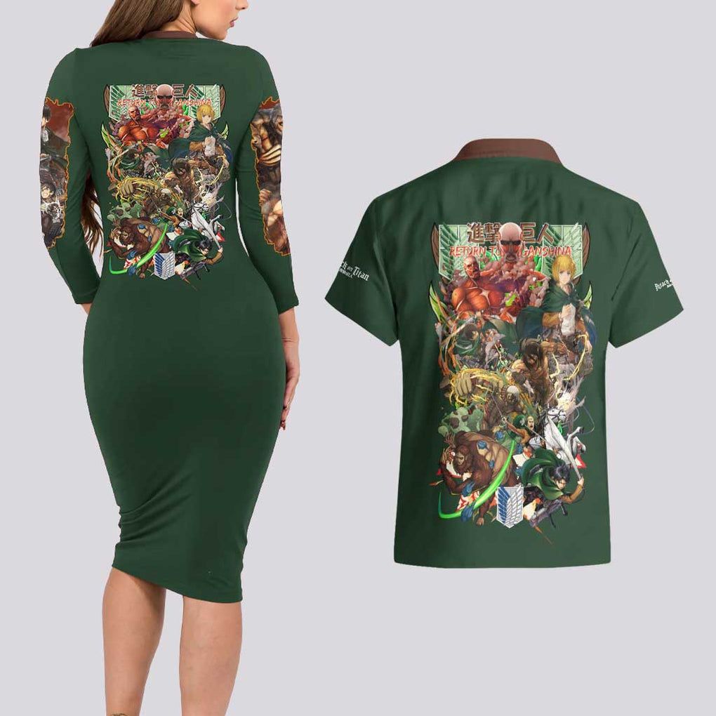 Return to Shiganshina Attack on Titan Couples Matching Long Sleeve Bodycon Dress and Hawaiian Shirt Japan Anime Style