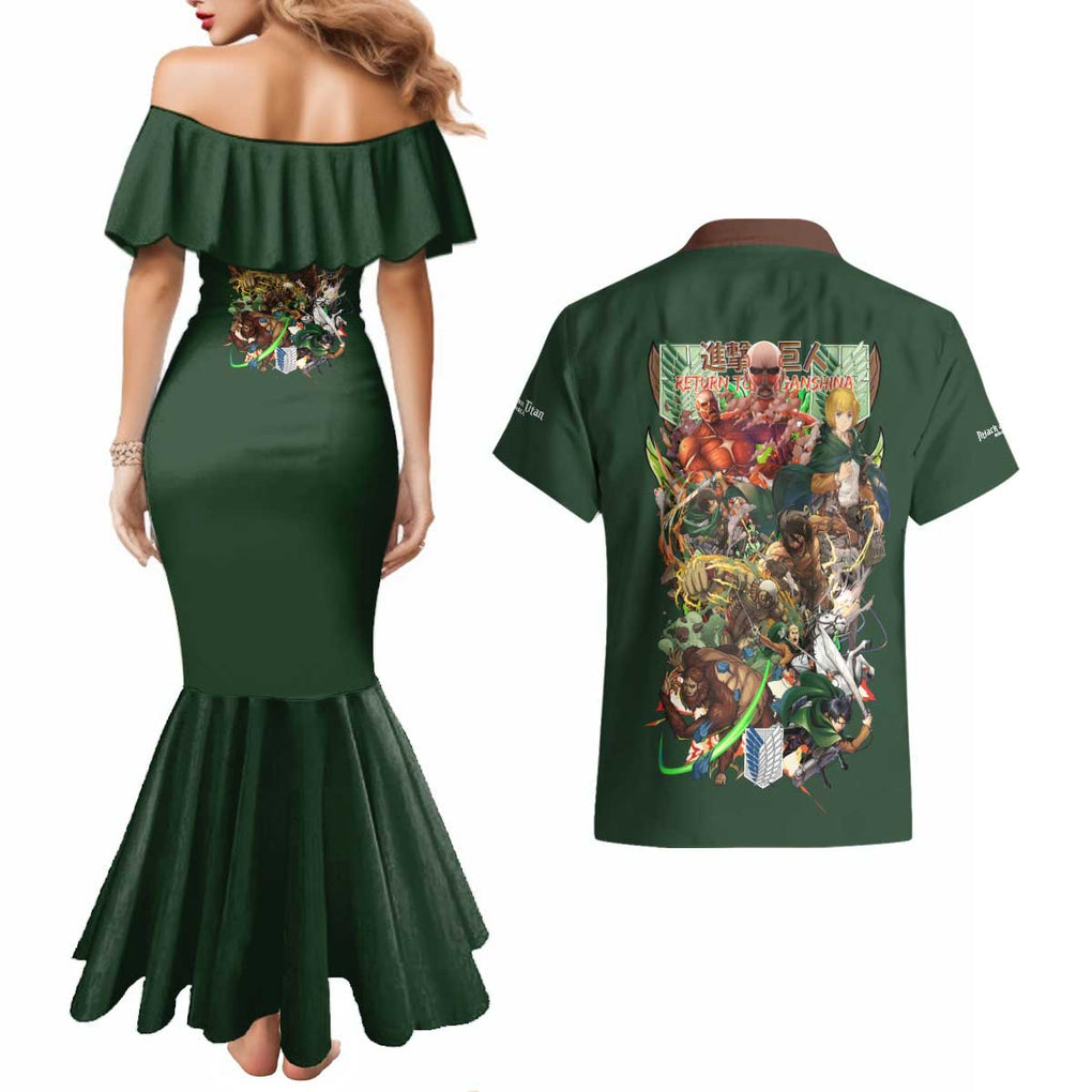 Return to Shiganshina Attack on Titan Couples Matching Mermaid Dress and Hawaiian Shirt Japan Anime Style