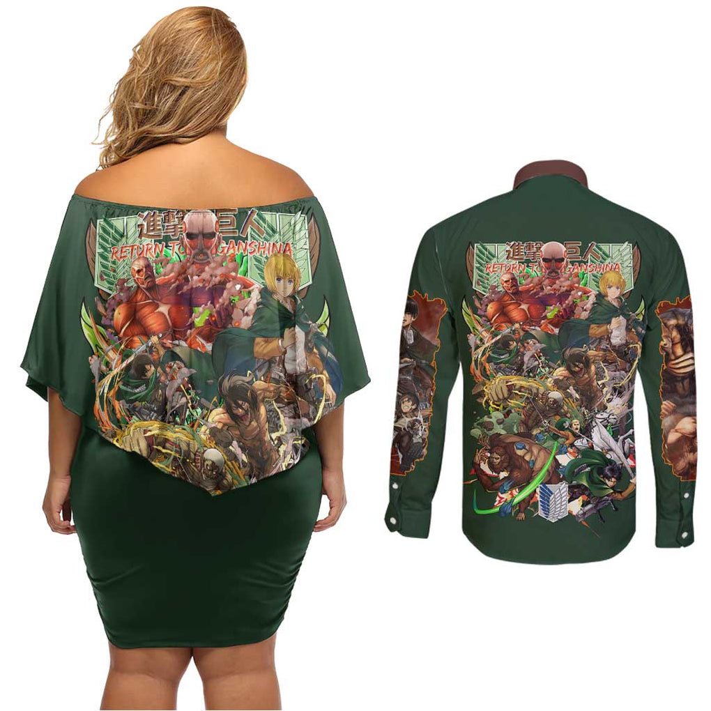 Return to Shiganshina Attack on Titan Couples Matching Off Shoulder Short Dress and Long Sleeve Button Shirt Japan Anime Style
