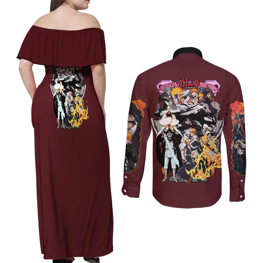 Thousand Year Blood War Arc Bleach Couples Matching Off Shoulder Maxi Dress and Long Sleeve Button Shirt Japan Anime Style