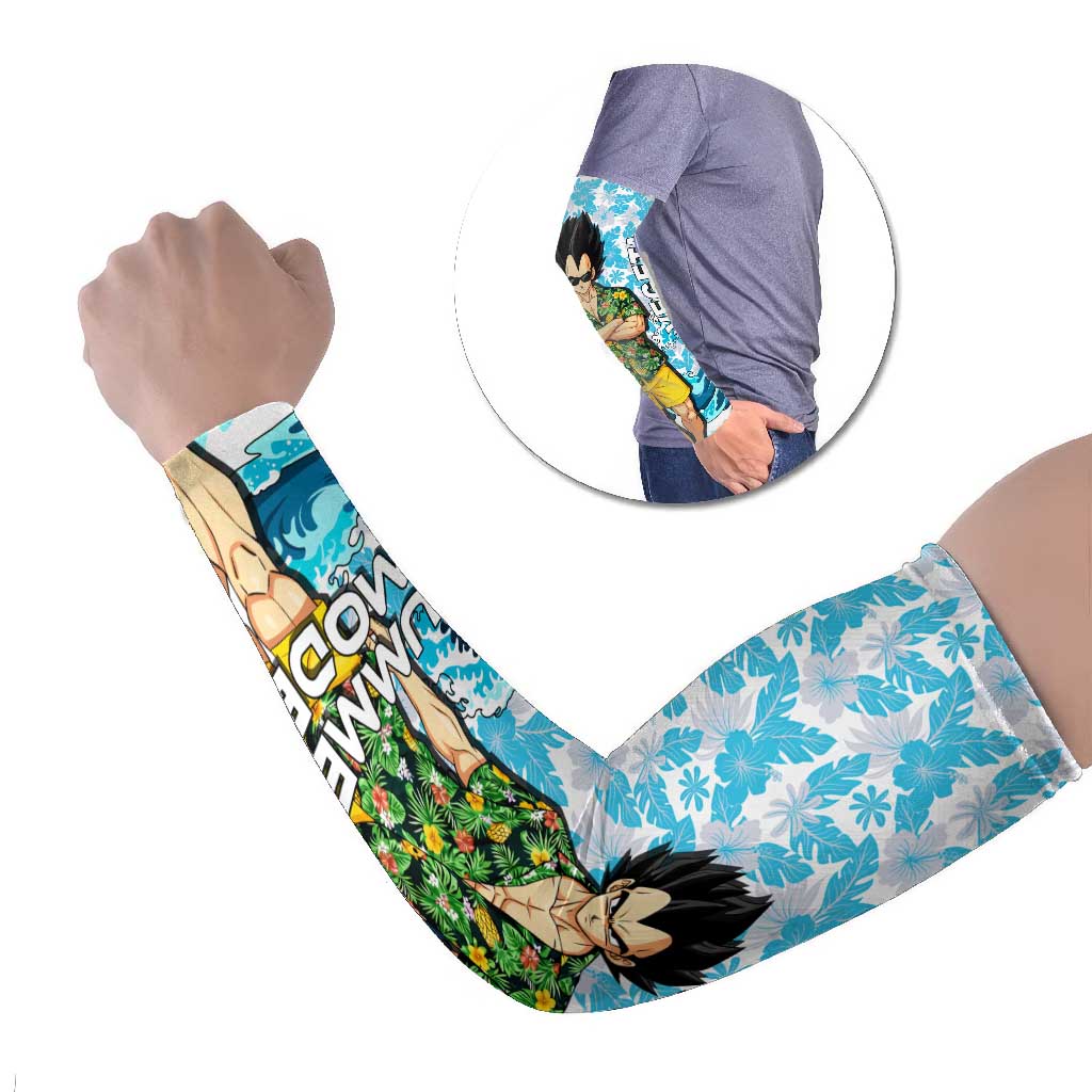 Vegeta Dragon Ball Summer Theme Arm Sleeves with Hawaiian Shirt Sunglasses Shenron and Ocean Wave Background - The Mazicc
