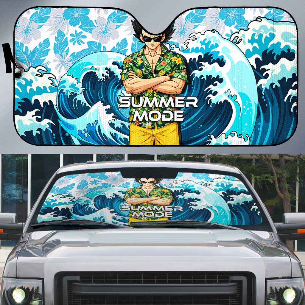 Vegeta Dragon Ball Summer Theme Auto Sun Shade with Hawaiian Shirt Sunglasses Shenron and Ocean Wave Background - The Mazicc