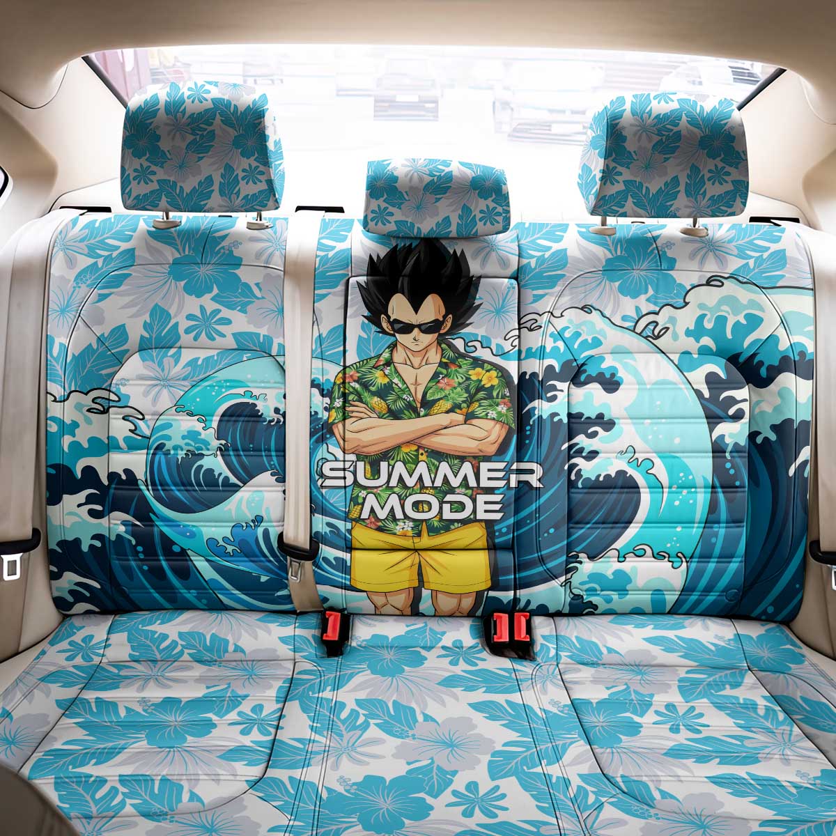 Vegeta Dragon Ball Summer Theme Back Car Seat Cover with Hawaiian Shirt Sunglasses Shenron and Ocean Wave Background - The Mazicc