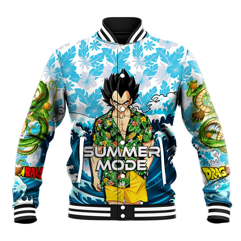 Vegeta Dragon Ball Summer Theme Baseball Jacket with Hawaiian Shirt Sunglasses Shenron and Ocean Wave Background - The Mazicc