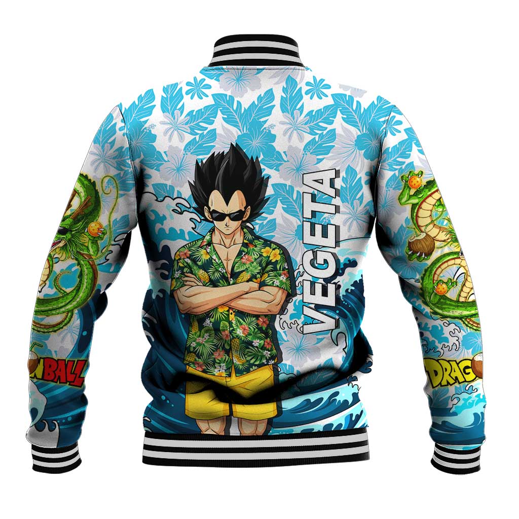Vegeta Dragon Ball Summer Theme Baseball Jacket with Hawaiian Shirt Sunglasses Shenron and Ocean Wave Background - The Mazicc