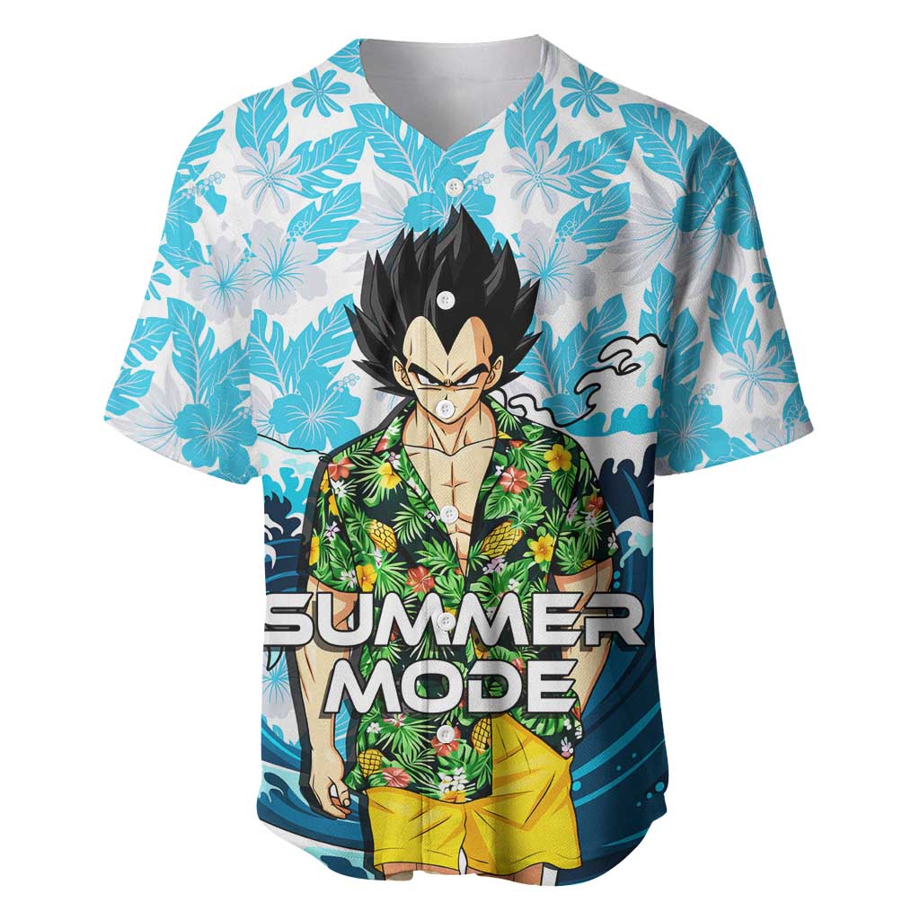 Vegeta Dragon Ball Summer Theme Baseball Jersey with Hawaiian Shirt Sunglasses Shenron and Ocean Wave Background - The Mazicc