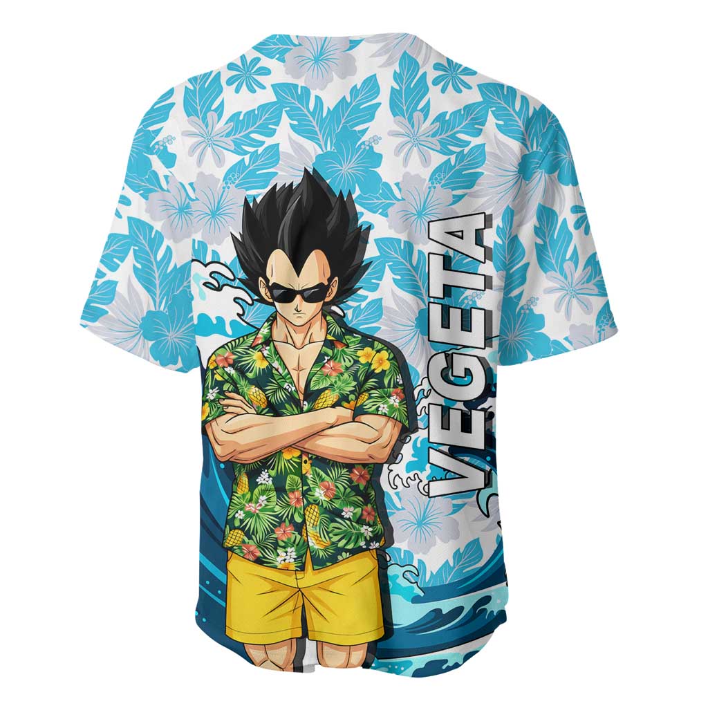 Vegeta Dragon Ball Summer Theme Baseball Jersey with Hawaiian Shirt Sunglasses Shenron and Ocean Wave Background - The Mazicc