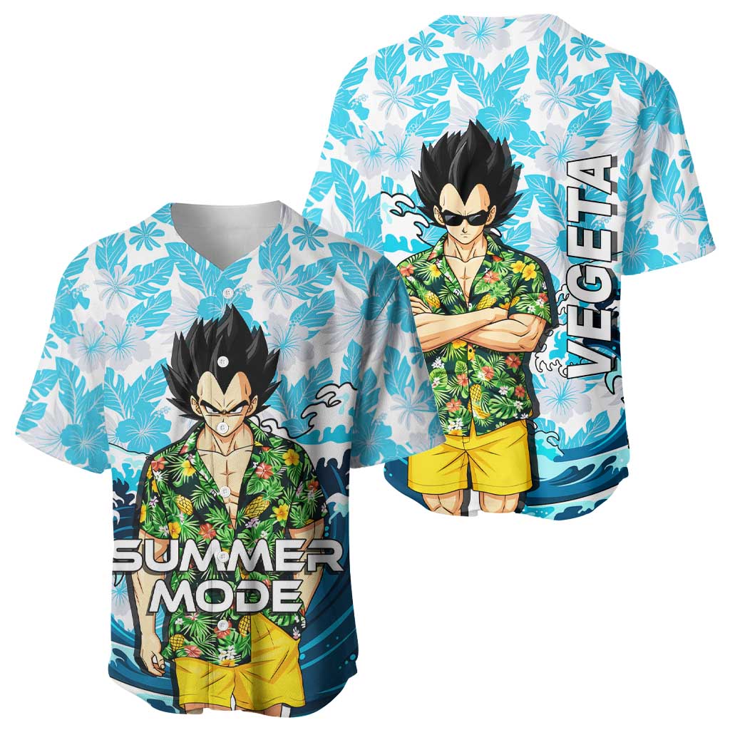 Vegeta Dragon Ball Summer Theme Baseball Jersey with Hawaiian Shirt Sunglasses Shenron and Ocean Wave Background - The Mazicc