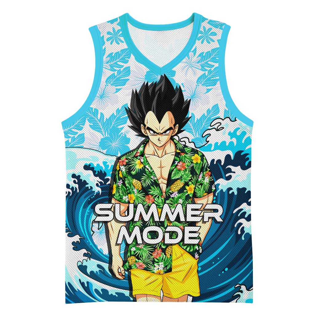Vegeta Dragon Ball Summer Theme Basketball Jersey with Hawaiian Shirt Sunglasses Shenron and Ocean Wave Background - The Mazicc