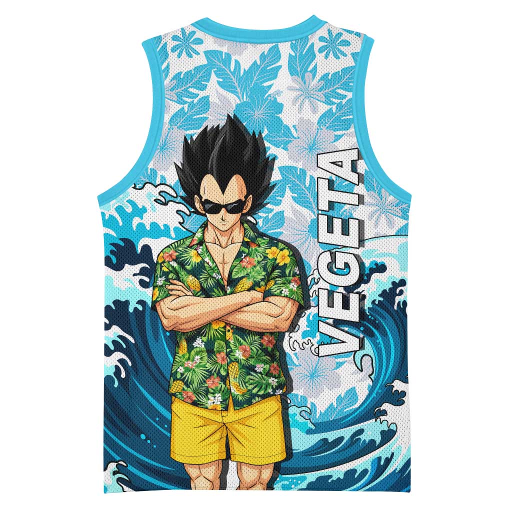Vegeta Dragon Ball Summer Theme Basketball Jersey with Hawaiian Shirt Sunglasses Shenron and Ocean Wave Background - The Mazicc