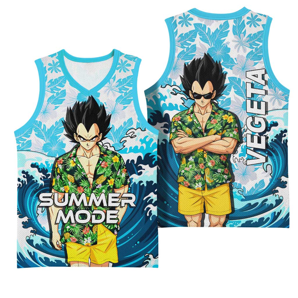 Vegeta Dragon Ball Summer Theme Basketball Jersey with Hawaiian Shirt Sunglasses Shenron and Ocean Wave Background - The Mazicc