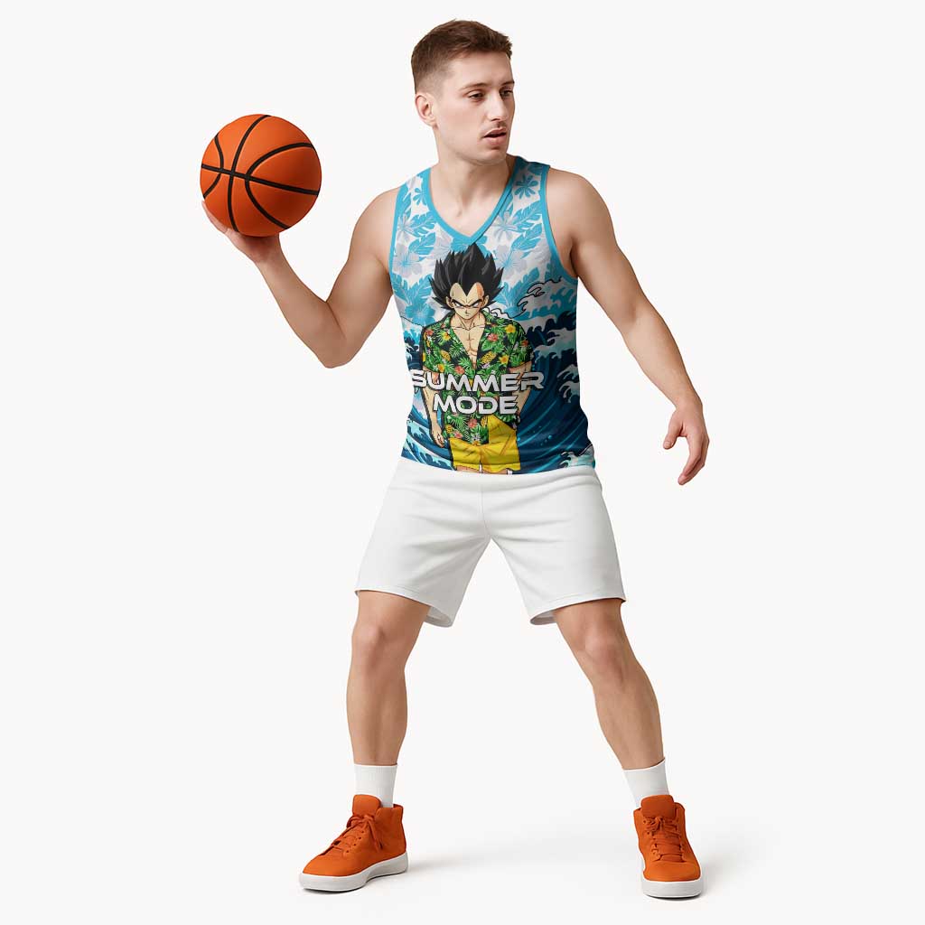 Vegeta Dragon Ball Summer Theme Basketball Jersey with Hawaiian Shirt Sunglasses Shenron and Ocean Wave Background - The Mazicc