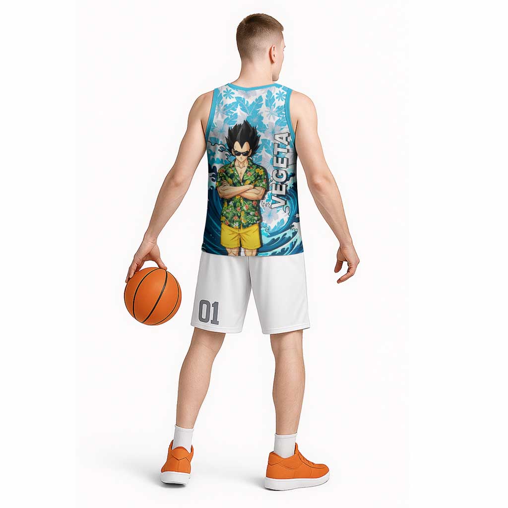 Vegeta Dragon Ball Summer Theme Basketball Jersey with Hawaiian Shirt Sunglasses Shenron and Ocean Wave Background - The Mazicc