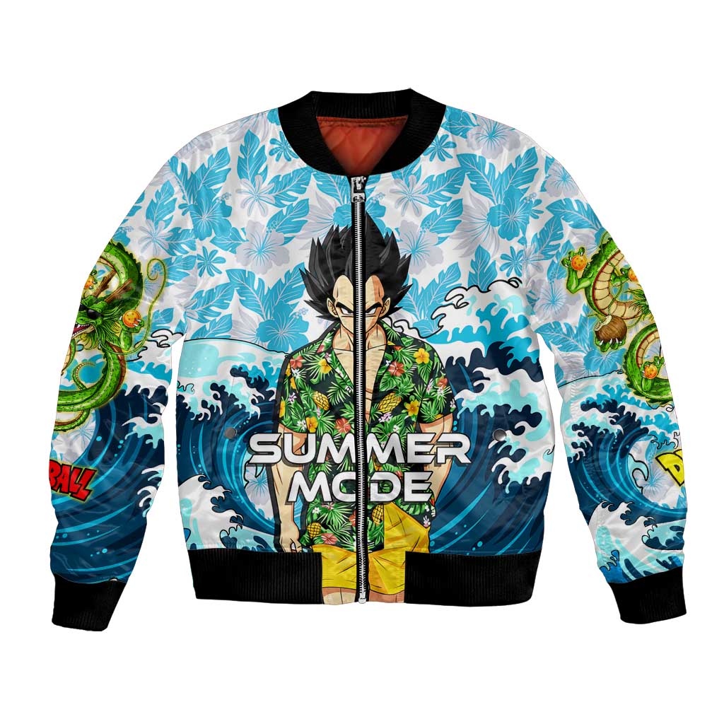 Vegeta Dragon Ball Summer Theme Bomber Jacket with Hawaiian Shirt Sunglasses Shenron and Ocean Wave Background - The Mazicc