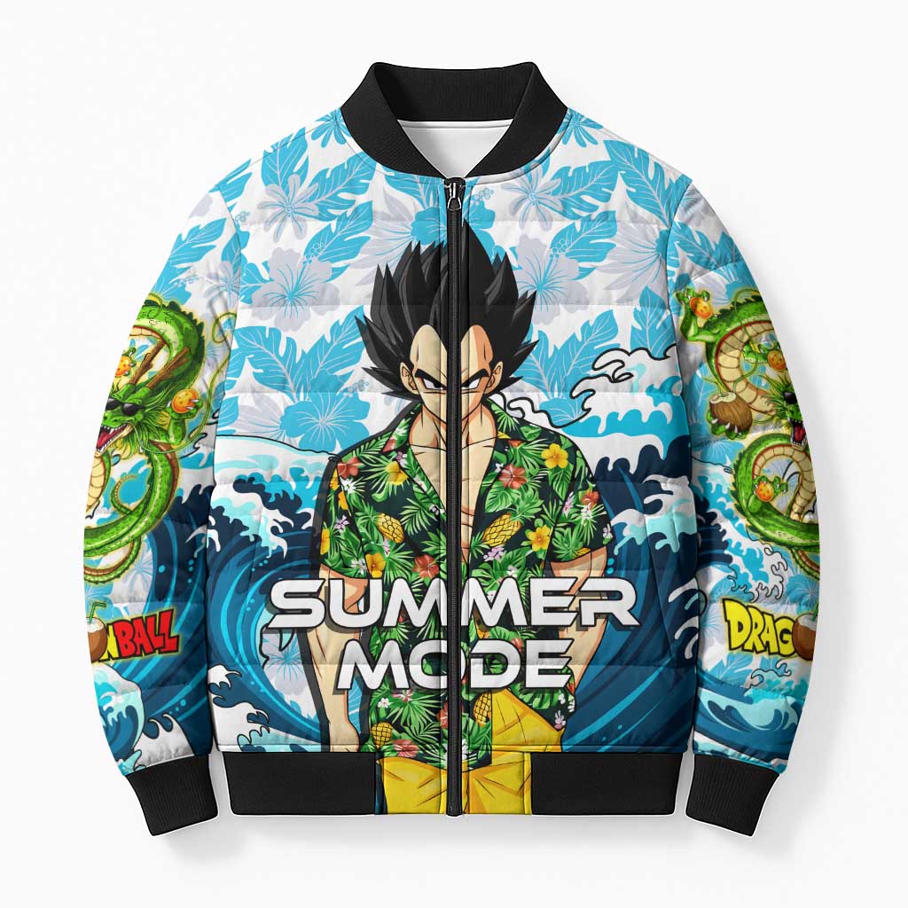Vegeta Dragon Ball Summer Theme Bomber Puffer Jacket with Hawaiian Shirt Sunglasses Shenron and Ocean Wave Background - The Mazicc