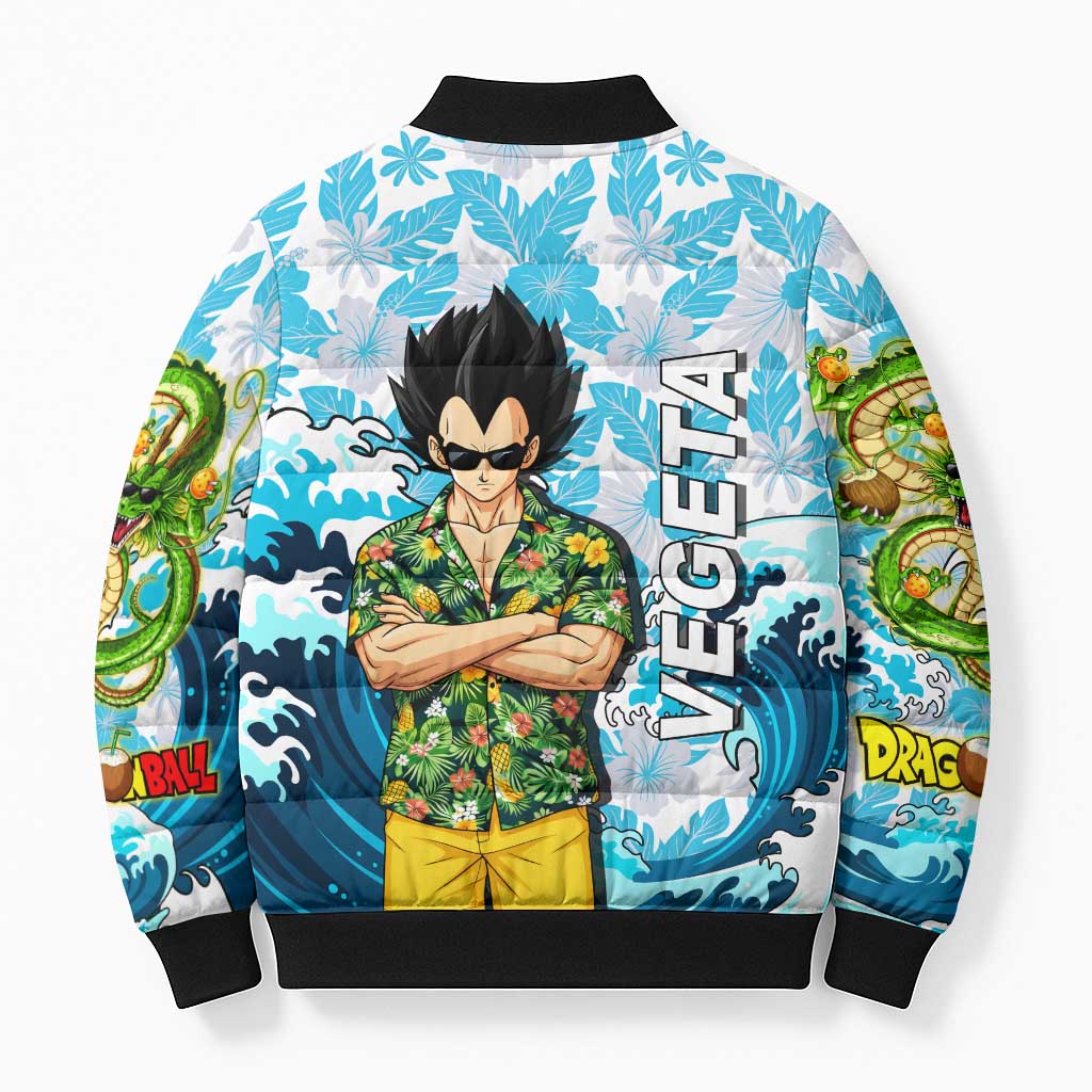Vegeta Dragon Ball Summer Theme Bomber Puffer Jacket with Hawaiian Shirt Sunglasses Shenron and Ocean Wave Background - The Mazicc