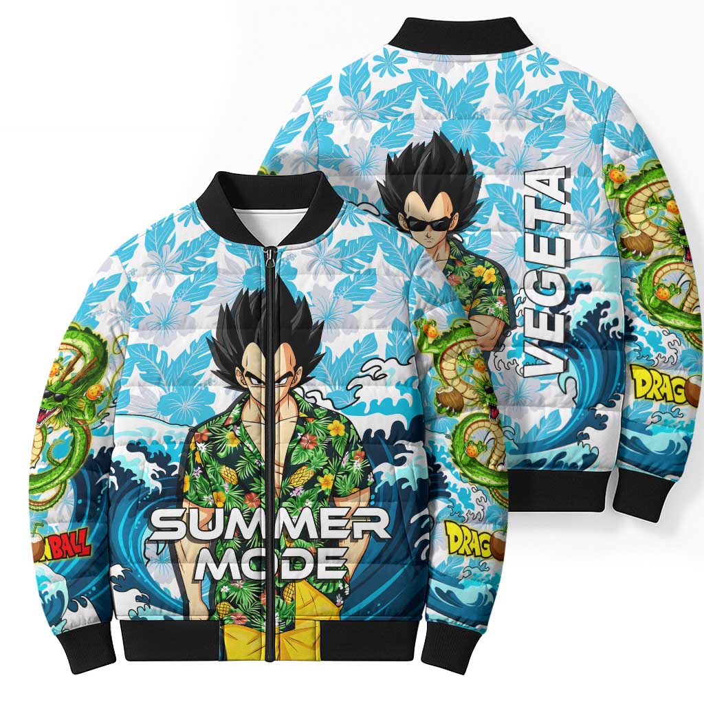 Vegeta Dragon Ball Summer Theme Bomber Puffer Jacket with Hawaiian Shirt Sunglasses Shenron and Ocean Wave Background - The Mazicc