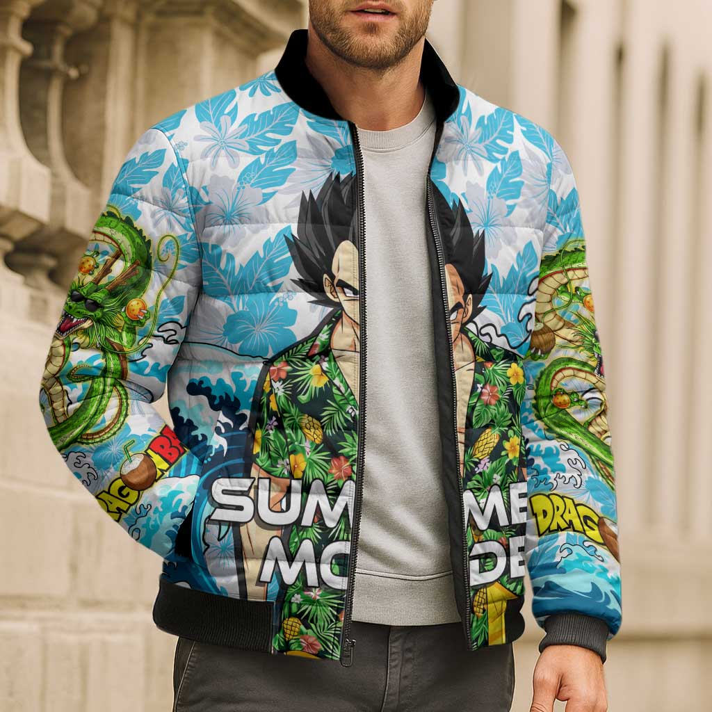 Vegeta Dragon Ball Summer Theme Bomber Puffer Jacket with Hawaiian Shirt Sunglasses Shenron and Ocean Wave Background - The Mazicc