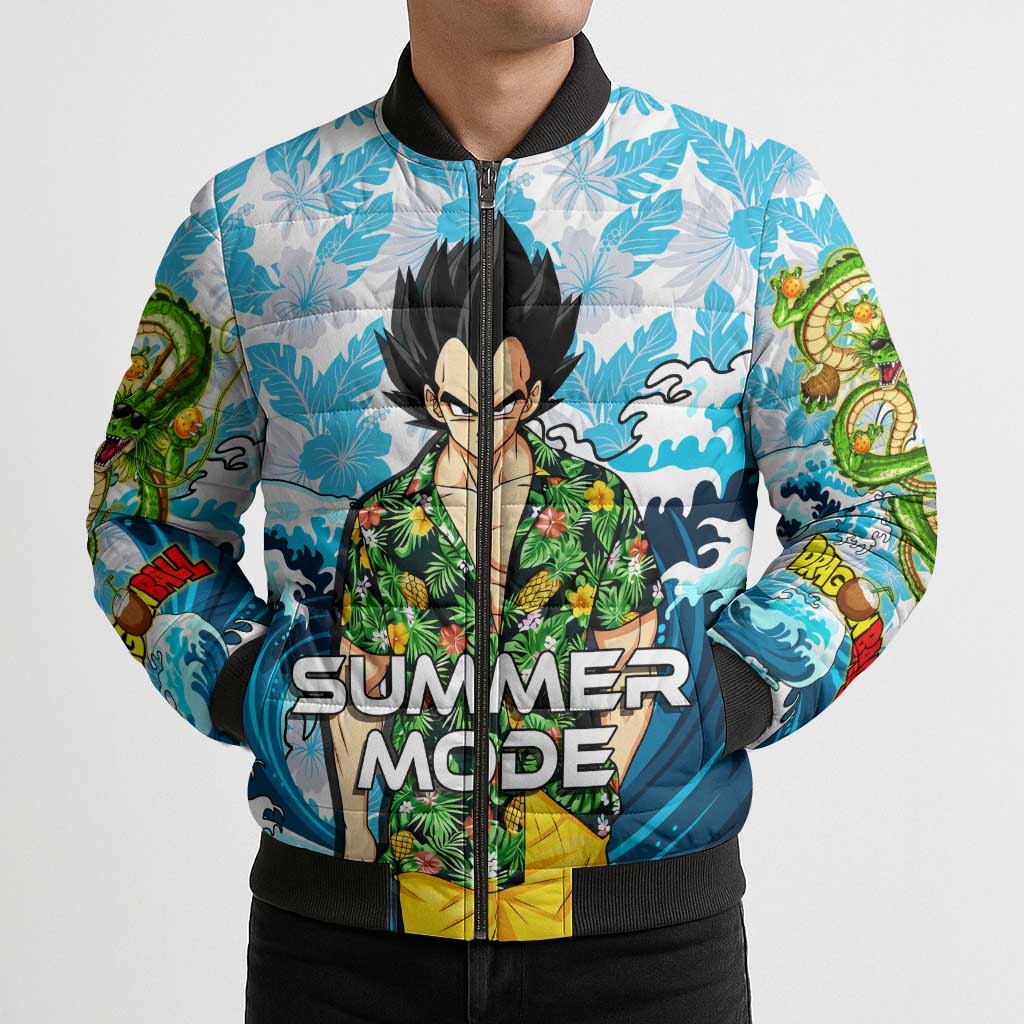 Vegeta Dragon Ball Summer Theme Bomber Puffer Jacket with Hawaiian Shirt Sunglasses Shenron and Ocean Wave Background - The Mazicc