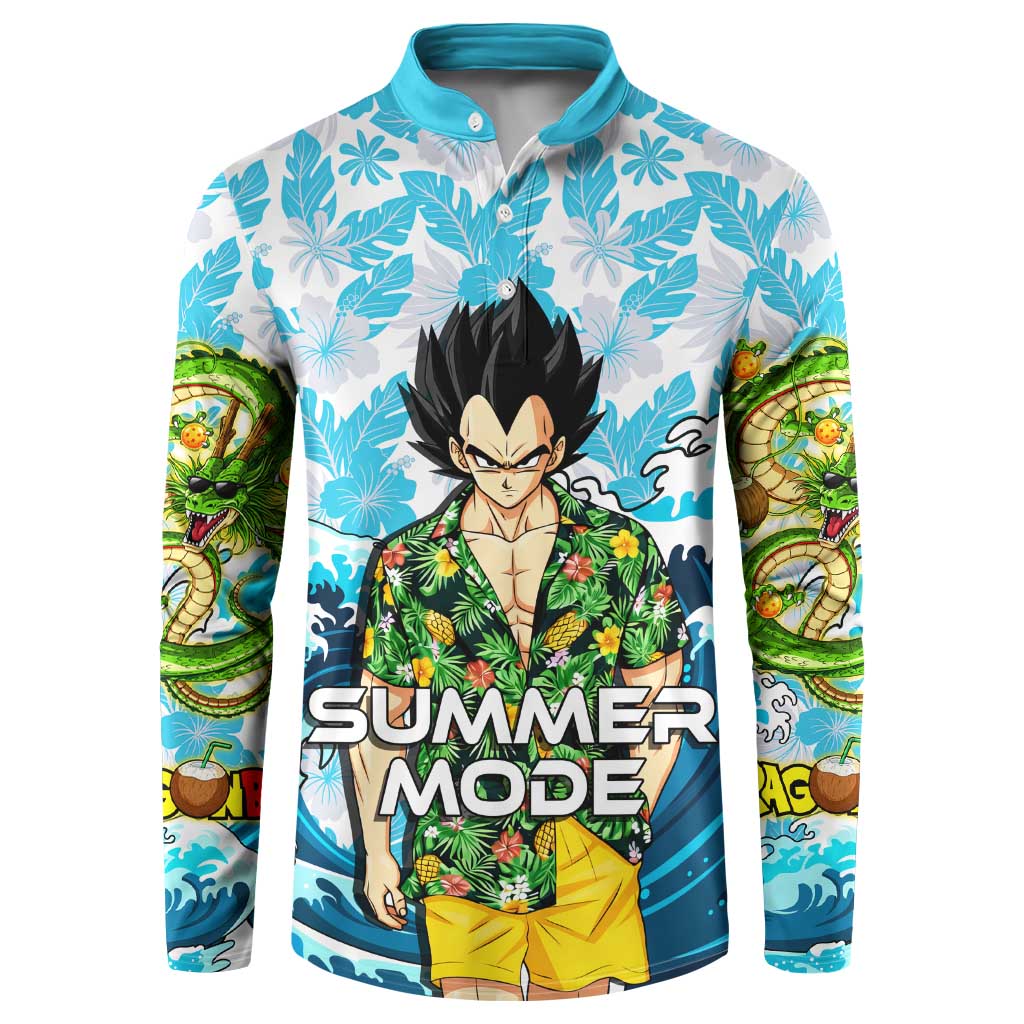 Vegeta Dragon Ball Summer Theme Button Sweatshirt with Hawaiian Shirt Sunglasses Shenron and Ocean Wave Background - The Mazicc