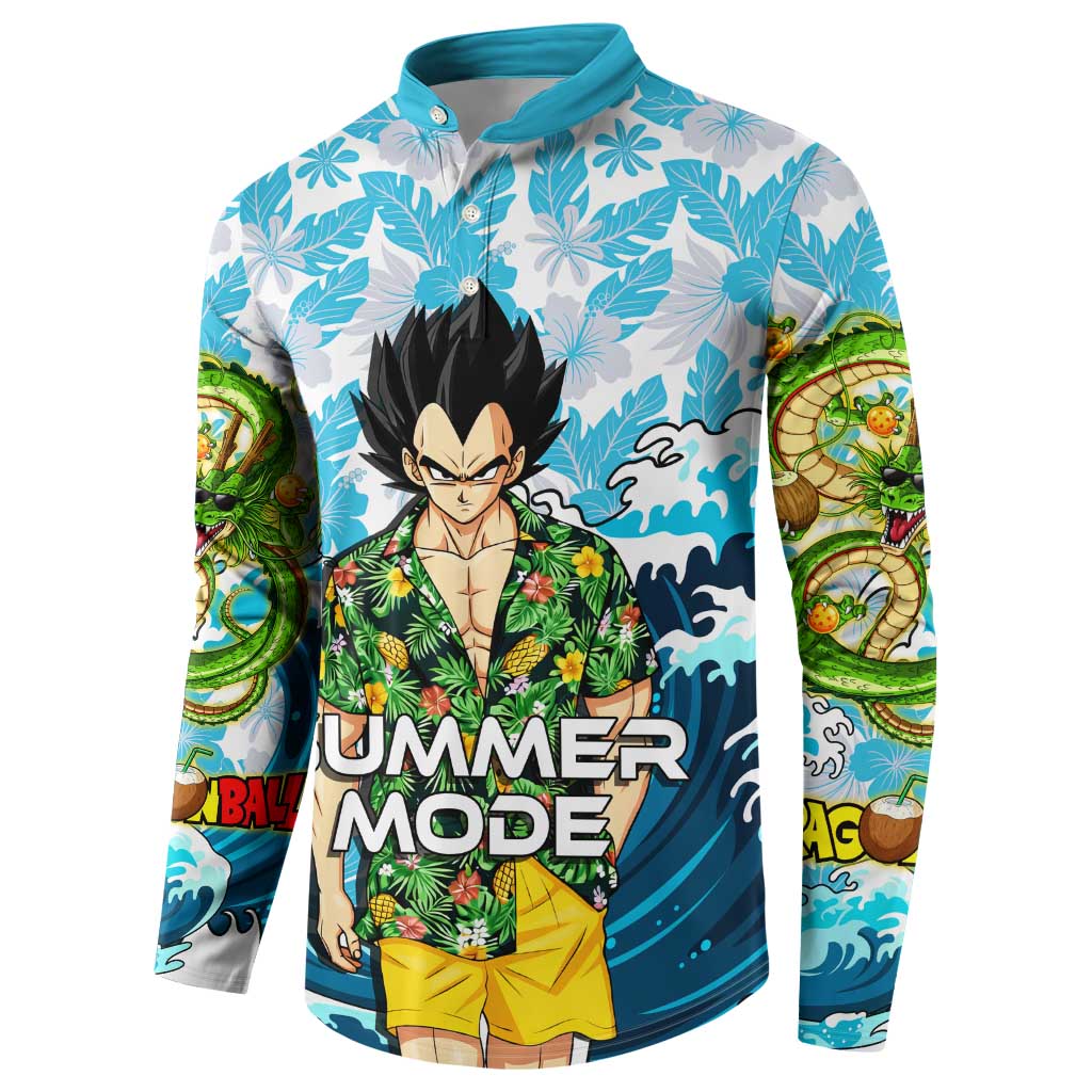 Vegeta Dragon Ball Summer Theme Button Sweatshirt with Hawaiian Shirt Sunglasses Shenron and Ocean Wave Background - The Mazicc