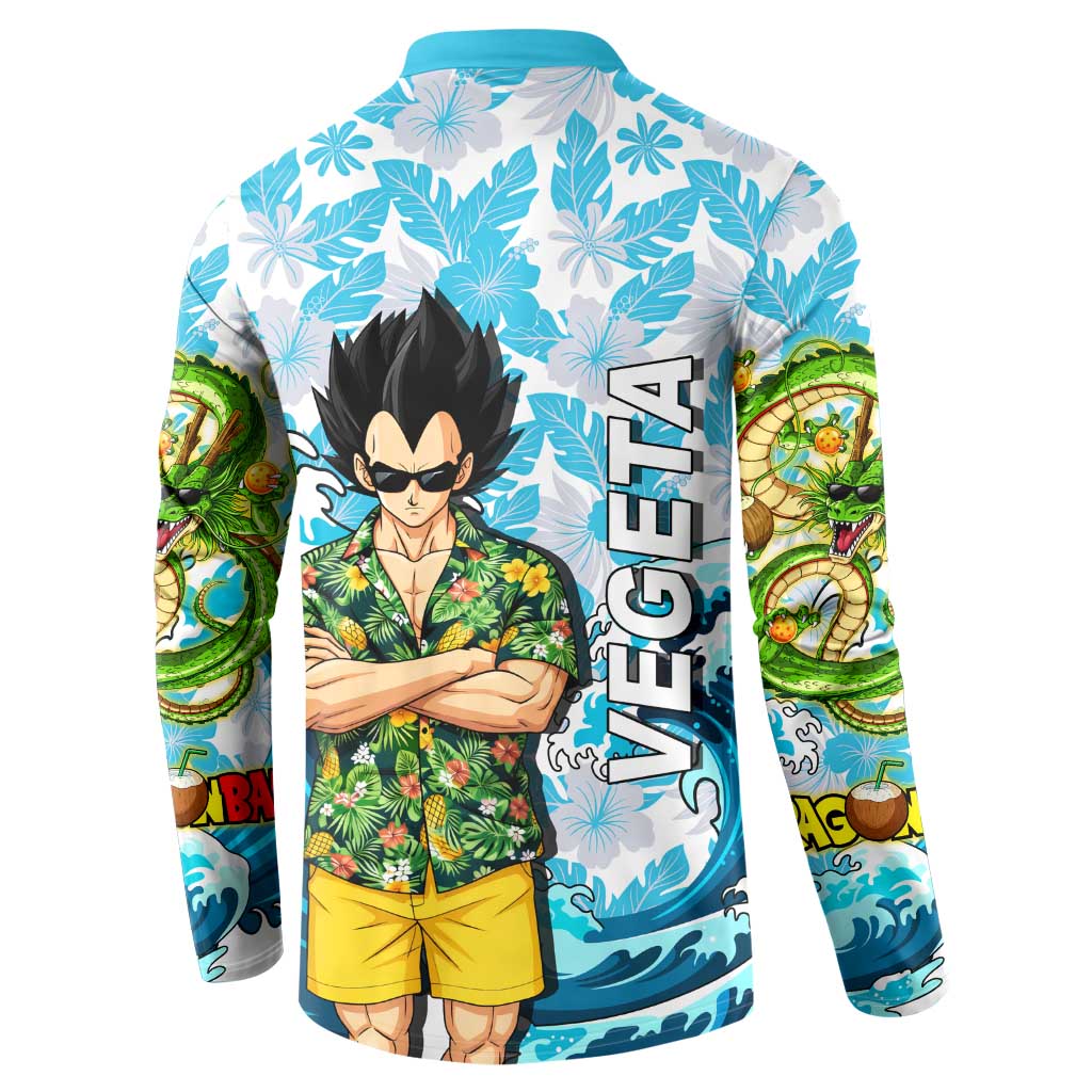 Vegeta Dragon Ball Summer Theme Button Sweatshirt with Hawaiian Shirt Sunglasses Shenron and Ocean Wave Background - The Mazicc
