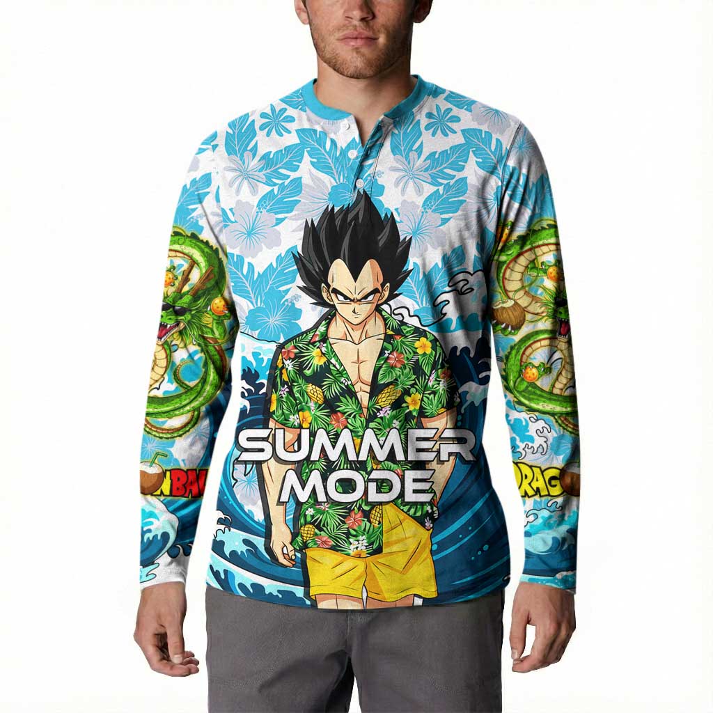 Vegeta Dragon Ball Summer Theme Button Sweatshirt with Hawaiian Shirt Sunglasses Shenron and Ocean Wave Background - The Mazicc