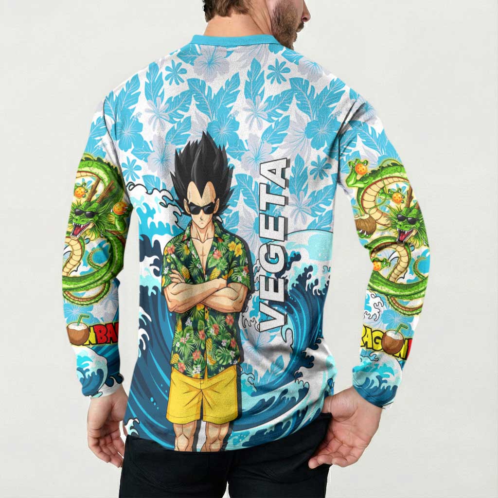 Vegeta Dragon Ball Summer Theme Button Sweatshirt with Hawaiian Shirt Sunglasses Shenron and Ocean Wave Background - The Mazicc
