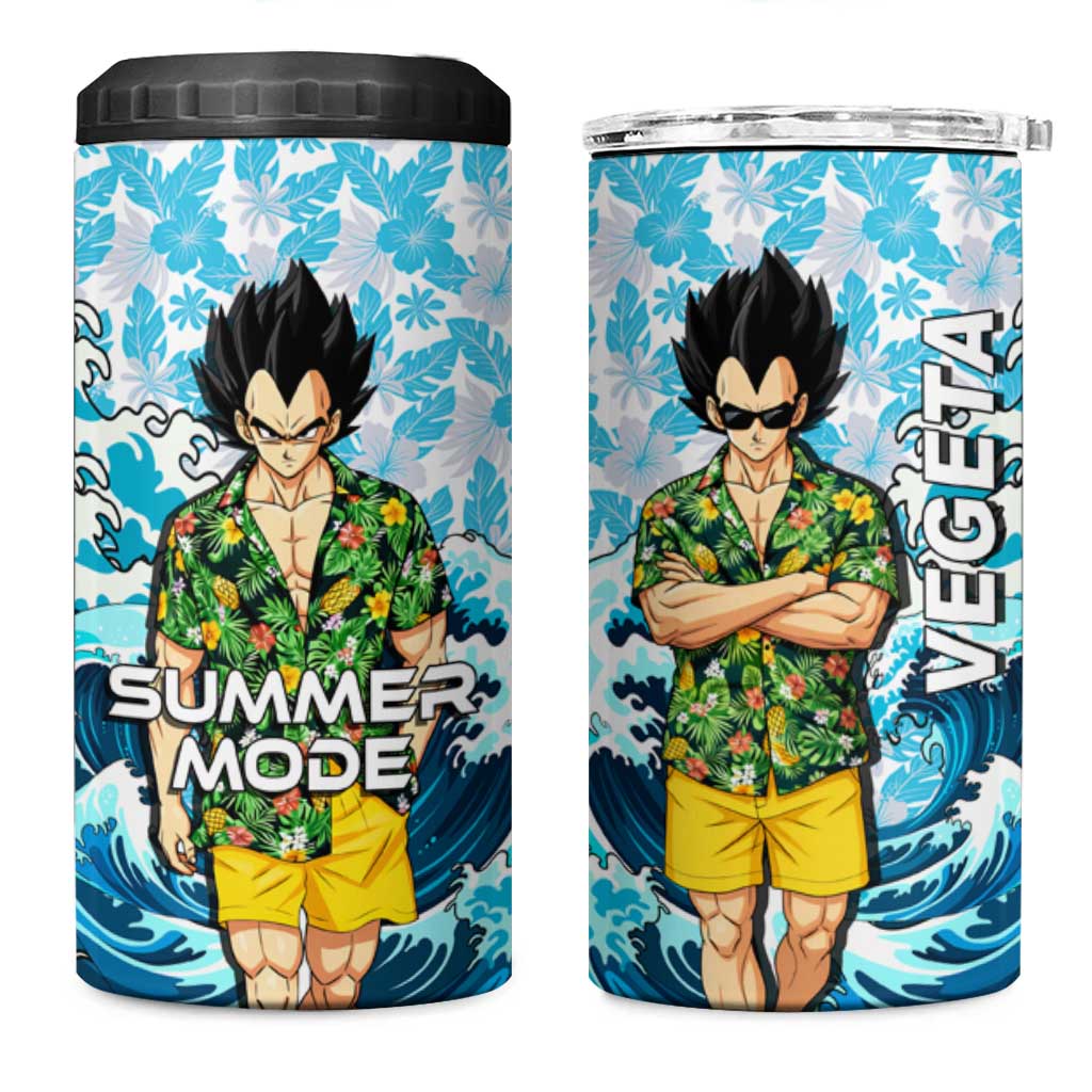 Vegeta Dragon Ball Summer Theme 4 in 1 Can Cooler Tumbler with Hawaiian Shirt Sunglasses Shenron and Ocean Wave Background - The Mazicc