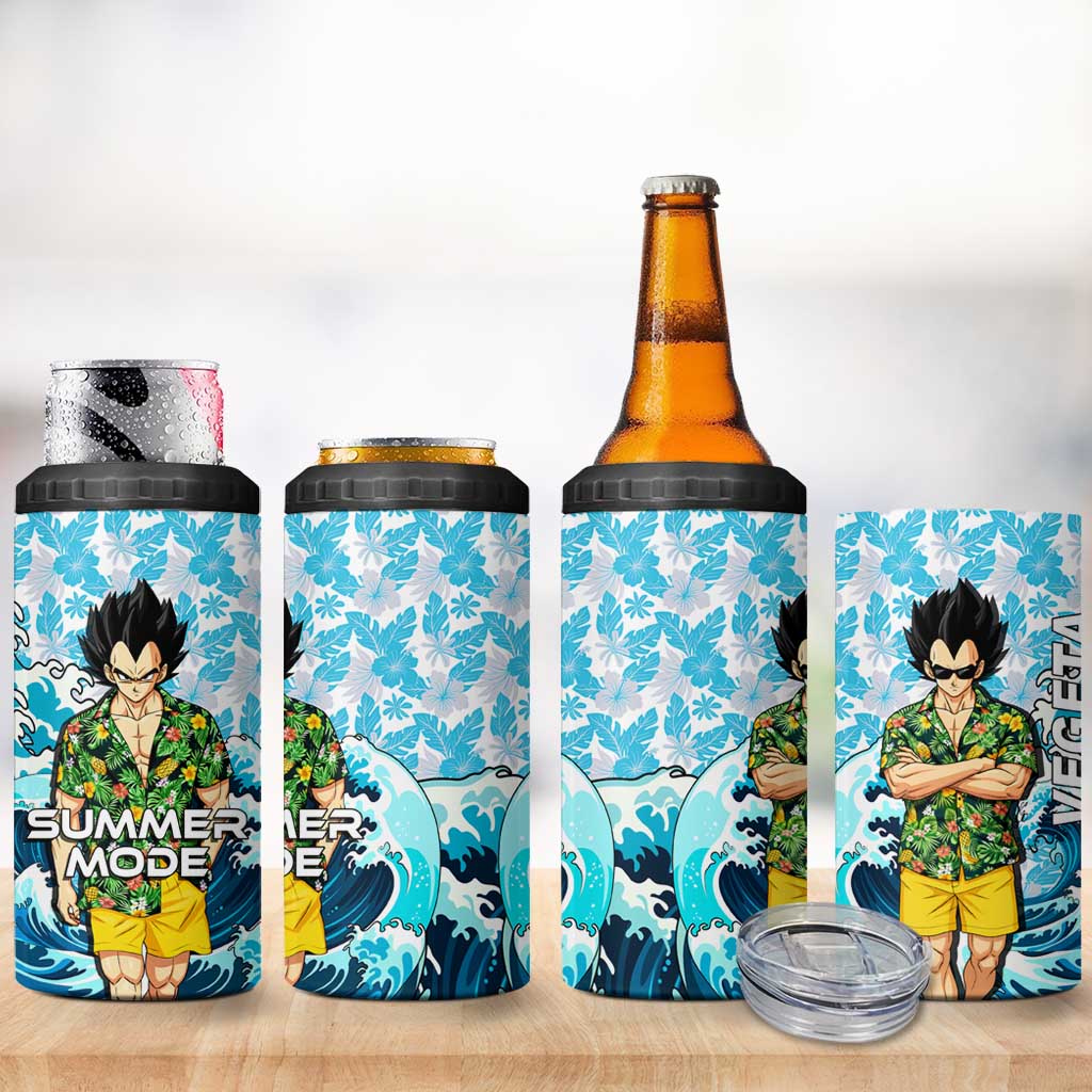 Vegeta Dragon Ball Summer Theme 4 in 1 Can Cooler Tumbler with Hawaiian Shirt Sunglasses Shenron and Ocean Wave Background - The Mazicc