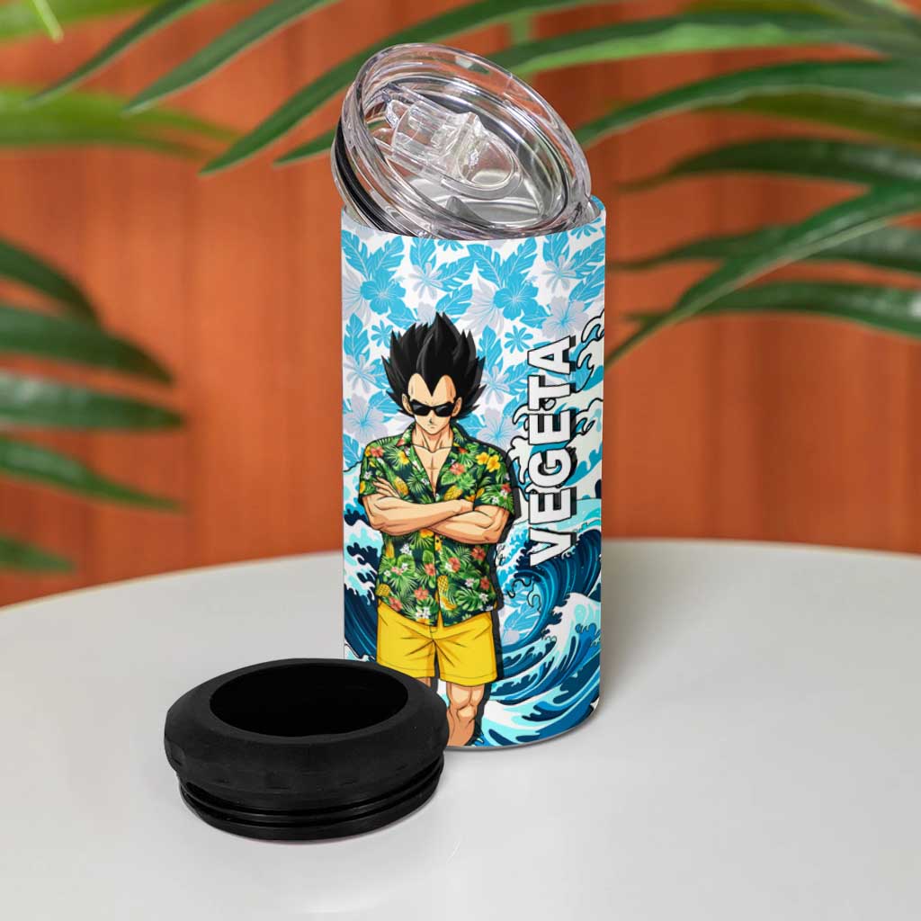 Vegeta Dragon Ball Summer Theme 4 in 1 Can Cooler Tumbler with Hawaiian Shirt Sunglasses Shenron and Ocean Wave Background - The Mazicc