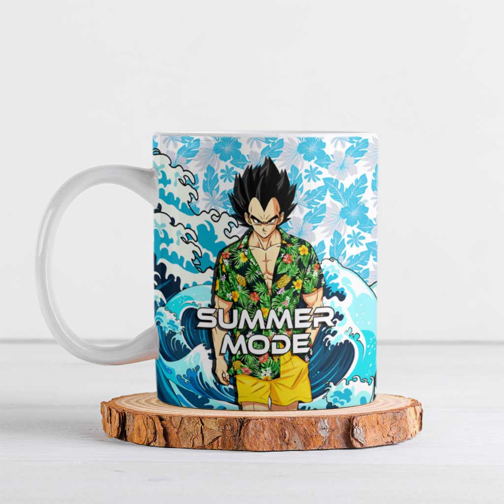 Vegeta Dragon Ball Summer Theme Ceramic Mug with Hawaiian Shirt Sunglasses Shenron and Ocean Wave Background - The Mazicc