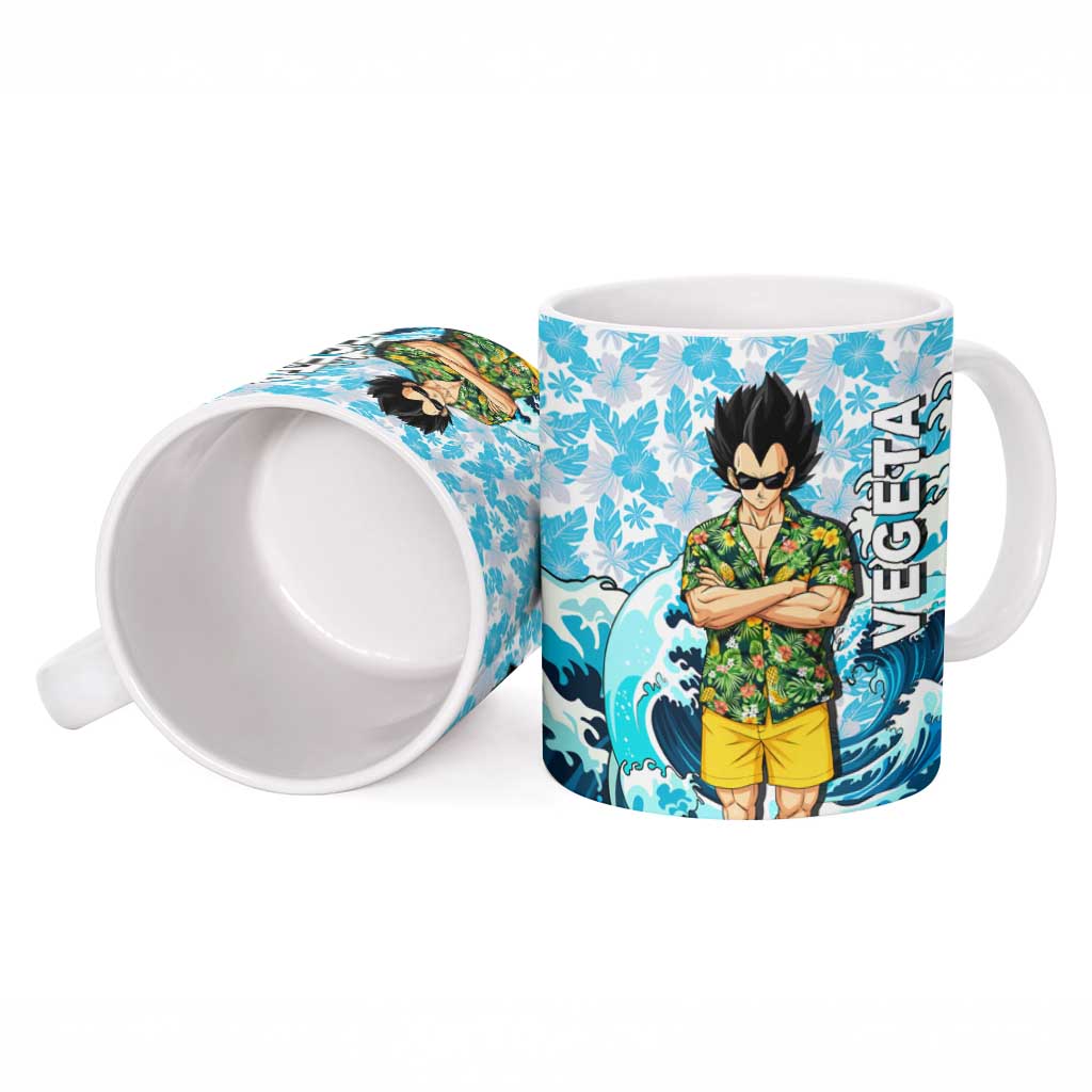 Vegeta Dragon Ball Summer Theme Ceramic Mug with Hawaiian Shirt Sunglasses Shenron and Ocean Wave Background - The Mazicc