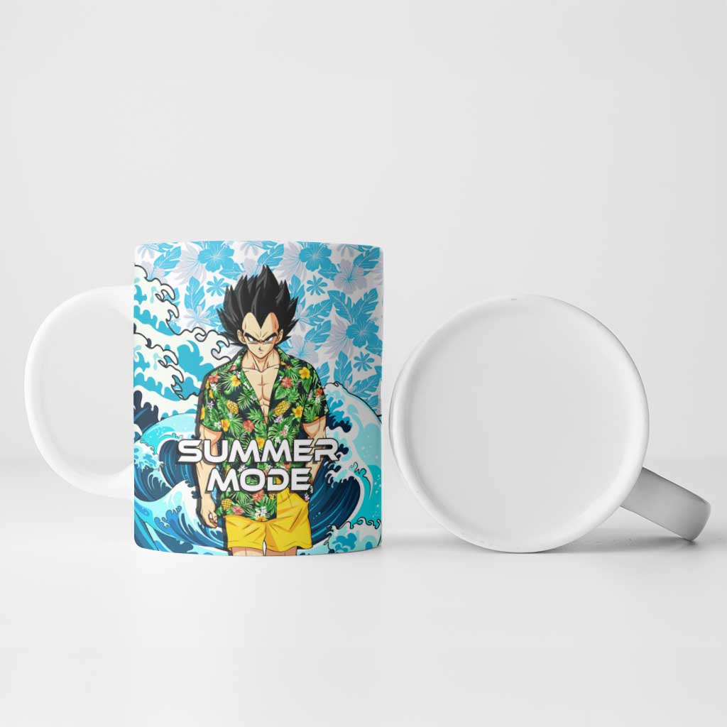 Vegeta Dragon Ball Summer Theme Ceramic Mug with Hawaiian Shirt Sunglasses Shenron and Ocean Wave Background - The Mazicc