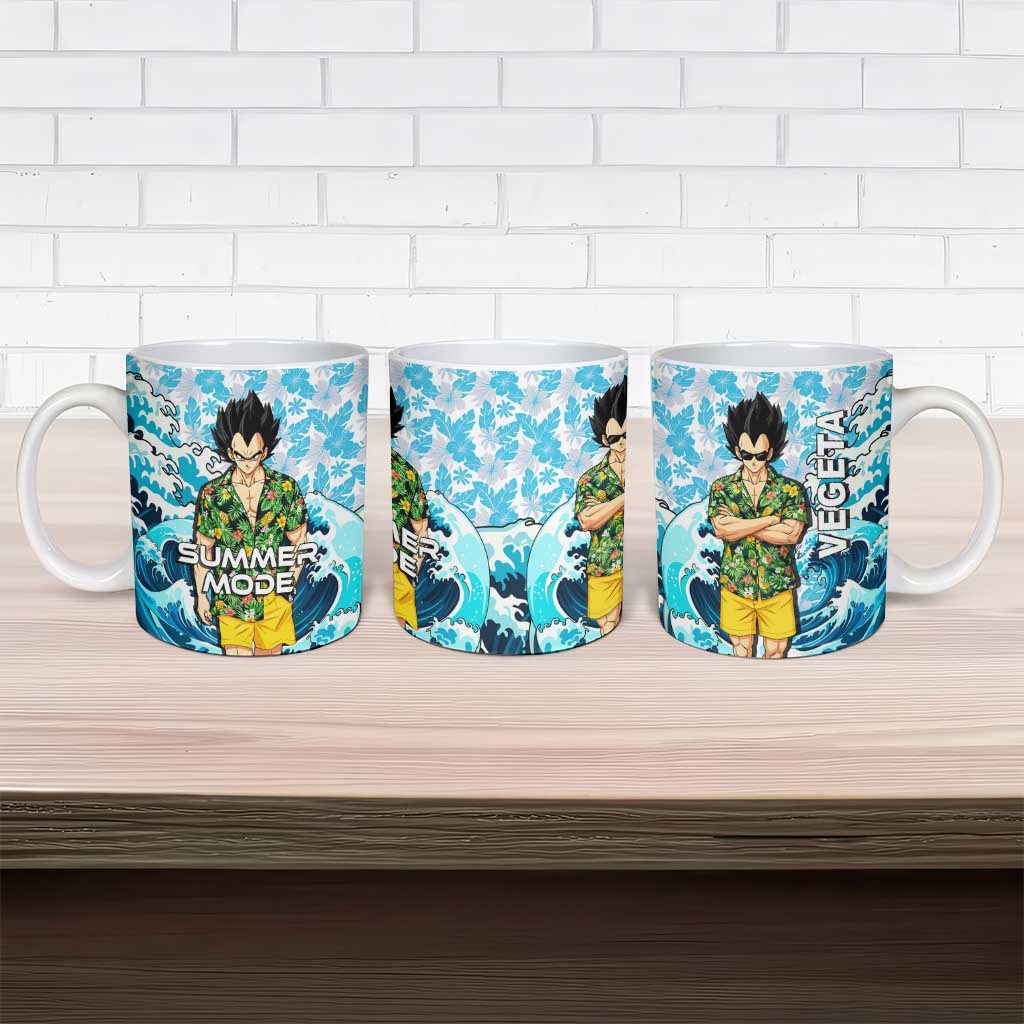 Vegeta Dragon Ball Summer Theme Ceramic Mug with Hawaiian Shirt Sunglasses Shenron and Ocean Wave Background - The Mazicc